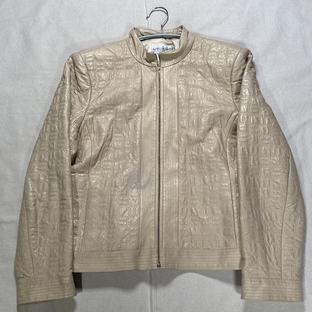 Vintage St John Collection Gold Beige Quilted Leather Jacket Womens Size M?